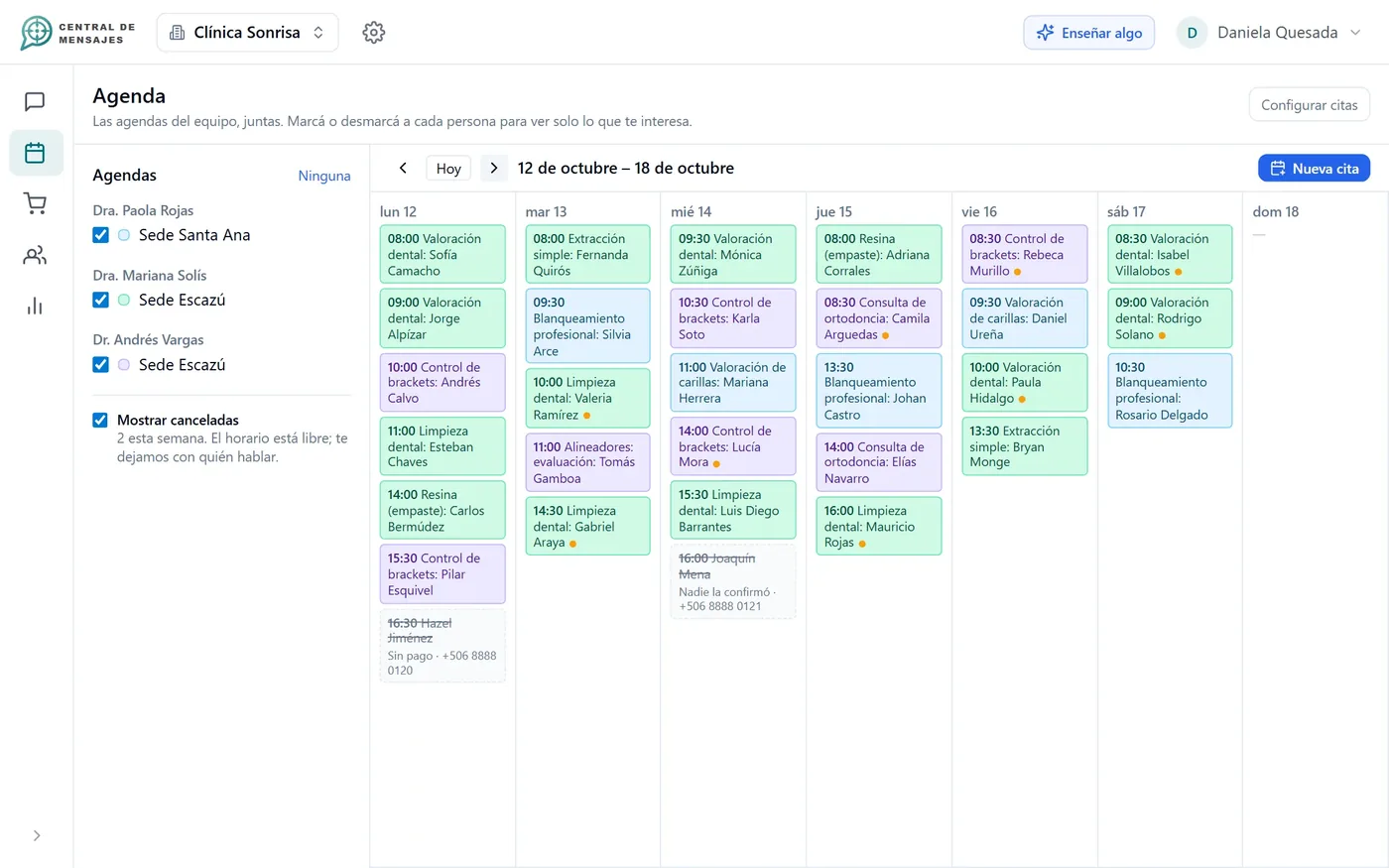Central de Mensajes weekly calendar with several calendars and appointments