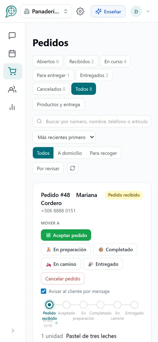 Central de Mensajes orders board on a phone