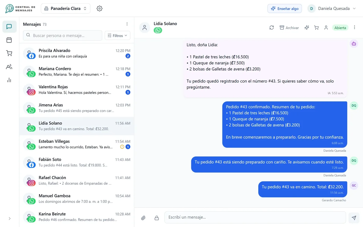 A bakery order with its summary and status updates sent to the customer