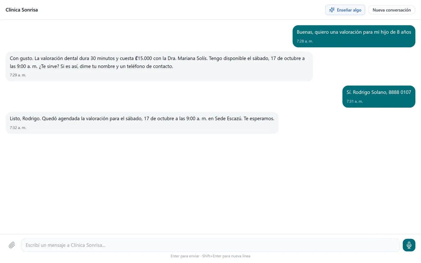 Central de Mensajes web chat conversation with AI replies
