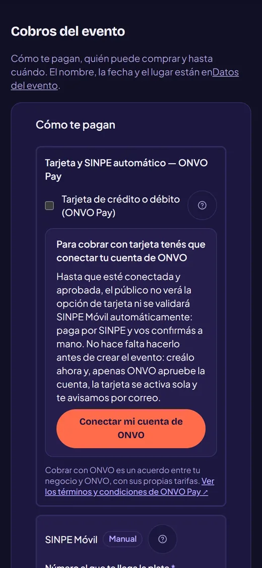 En Cartelera event payments screen with ONVO Pay and manual SINPE Móvil