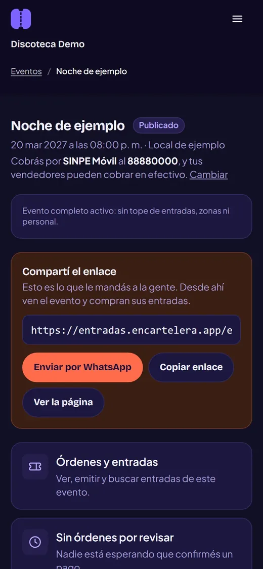 En Cartelera screen with the published event and the link to share on WhatsApp