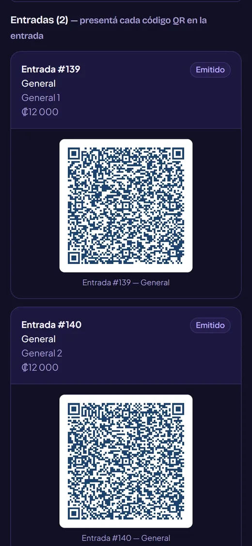 Two issued En Cartelera tickets, each with its QR code
