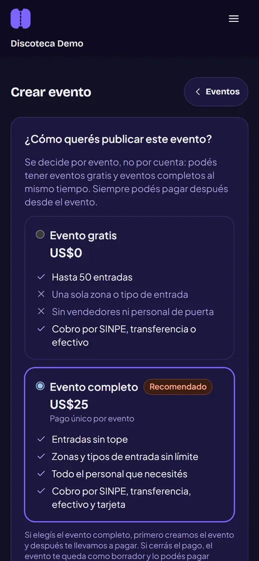 En Cartelera screen to choose between a free event and a full event