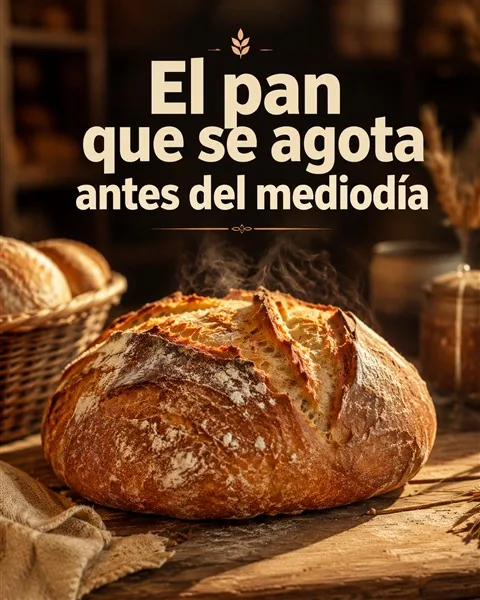 Ejemplo de post de panadería generado con RedesIA: pan con el texto “El pan que se agota antes del mediodía”